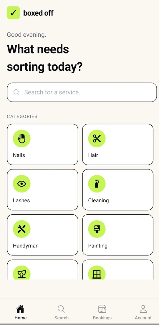 The Boxed Off app home screen, asking what needs sorting today above a grid of service categories.